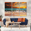 Golden Sunset Beach Canvas Wall Art – Triptych Seascape