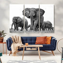 Black White Elephant Family Wall Art Canvas Print