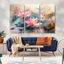 Lotus Flower Wall Art | 3-Panel Giclee Canvas Print of Pink
