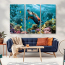 Sea Turtle and Coral Reef Triptych Wall Art – Vibrant