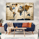 World Map Wall Art – Antique Style Blue and Brown Map Canvas