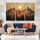 Wood Style Abstract Mountain Sunset Canvas Wall Art Print -