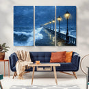 Stormy Ocean Pier Lights Canvas Wall Art Print - Large Moody