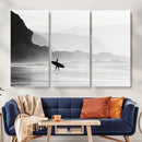 Surfer Beach Wall Art – Framed Black White Ocean Canvas