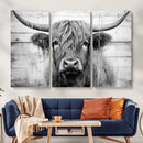 Black White Highland Cow Wall Art Canvas Print