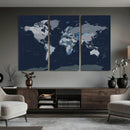 Blue Detailed World Map Wall Art Canvas Print, Modern Framed