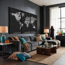 Black World Map Wall Art Canvas Print – Detailed Map of the
