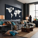 Black World Map Wall Art Canvas Print for Home Office and