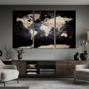 Grunge World Map Wall Art | 3-Panel Large Beige and Brown