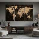 Brown World Map Canvas Print – Modern Travel Map Wall Art,