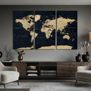 Dark World Map Canvas Wall Art Print, Minimal Black and Gold