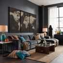 World Map Canvas Wall Art Dark Charcoal Antique Tan Detailed