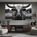 Black White Texas Longhorn Bull Canvas Wall Art, Western Ranch Cattle Photography Print, Rustic Farmhouse Cowboy Decor Artwork