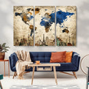 World Map Canvas Print – Vintage Blue and Gold World Map