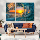 Ocean Wave Sunset Wall Art | Large Coastal Wave Canvas Print