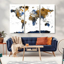 Modern Abstract World Map Canvas Wall Art – Framed Blue and