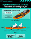 13.8ft Rocket Propeller Drive Tandem & Solo Modular Fishing Kayak | Propeller Drive | 550lbs Capacity | 3 Piece by ReelYaks