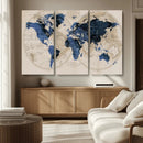 Vintage Blue World Map Canvas Wall Art – Antique Style