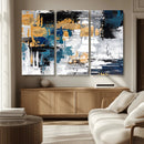 Blue and Gold Abstract Canvas Wall Art – Triptych Modern