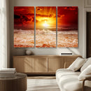 Red Sunset Ocean Beach Canvas Wall Art Beach Canvas, Coastal