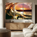 Golden Wave Sunset Triptych Canvas Art, Giclee Canvas Print