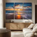 Sunset on the Ocean Beach with Waves, Reflections on Sand,