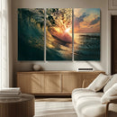 Ocean Wave Sunset Canvas Wall Art – Triptych Seascape Print