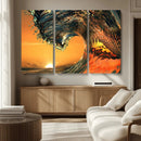 Surf Wave Sunset Canvas Wall Art Print, 3-Panel Ocean