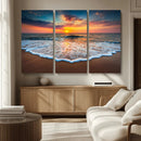 Sunset Beach Canvas Wall Art – Colorful Ocean Waves Triptych