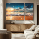 Golden Sunset Beach Triptych Canvas Art, Giclee Coastal Wall