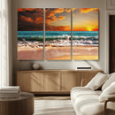Golden Sunset Beach Canvas Wall Art – Triptych Seascape