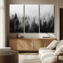 Foggy Black and White Forest Canvas Wall Art, 3 Panel Misty