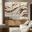 Gold and White Abstract Wave Canvas – Elegant Flowing Design
