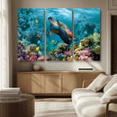 Sea Turtle and Coral Reef Triptych Wall Art – Vibrant
