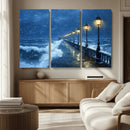 Stormy Ocean Pier Lights Canvas Wall Art Print - Large Moody