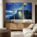 Storm Ocean Pier Canvas Wall Art Print - Large Moody Night