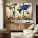 World Map Canvas Print – Vintage Blue and Gold World Map