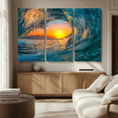 Ocean Wave Sunset Wall Art | Large Coastal Wave Canvas Print