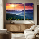Beautiful Sunset over Hills Forest Landscape Canvas Wall Art