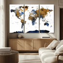 Modern Abstract World Map Canvas Wall Art – Framed Blue and