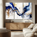 Golden Cascades on Midnight Blue – Deep Blue Abstract Wall
