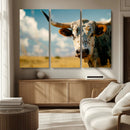 Longhorn in the Prairie - Stunning Ranch-Style Triptych Wall