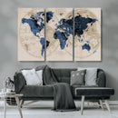 Vintage Blue World Map Canvas Wall Art – Antique Style