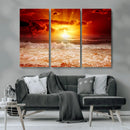 Red Sunset Ocean Beach Canvas Wall Art Beach Canvas, Coastal