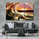 Golden Wave Sunset Triptych Canvas Art, Giclee Canvas Print