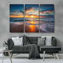 Sunset on the Ocean Beach with Waves, Reflections on Sand,