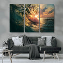 Ocean Wave Sunset Canvas Wall Art – Triptych Seascape Print