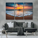Sunset Beach Canvas Wall Art – Colorful Ocean Waves Triptych