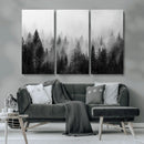 Foggy Black and White Forest Canvas Wall Art, 3 Panel Misty