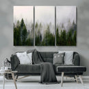 Misty Pine Forest Wall Art Canvas Print | 3 Panel Green